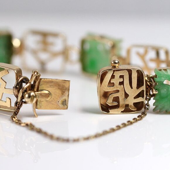 VINTAGE JADE CARVED GREEN CHINESE 14K YELLOW GOLD BRACELET - Picture 6 of 12